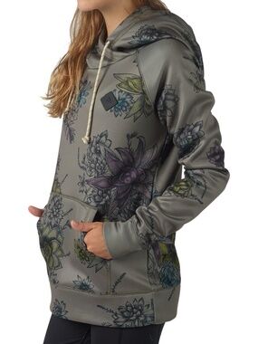 BURTON S Green Floral Heron Pullover Hoodie DryRide Fleece Backing Thumbholes